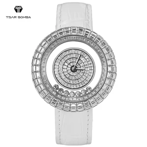 TSAR BOMBA Women's Fashion Crystal Watch with Diamond 20mm Leather Band Ronda Movement