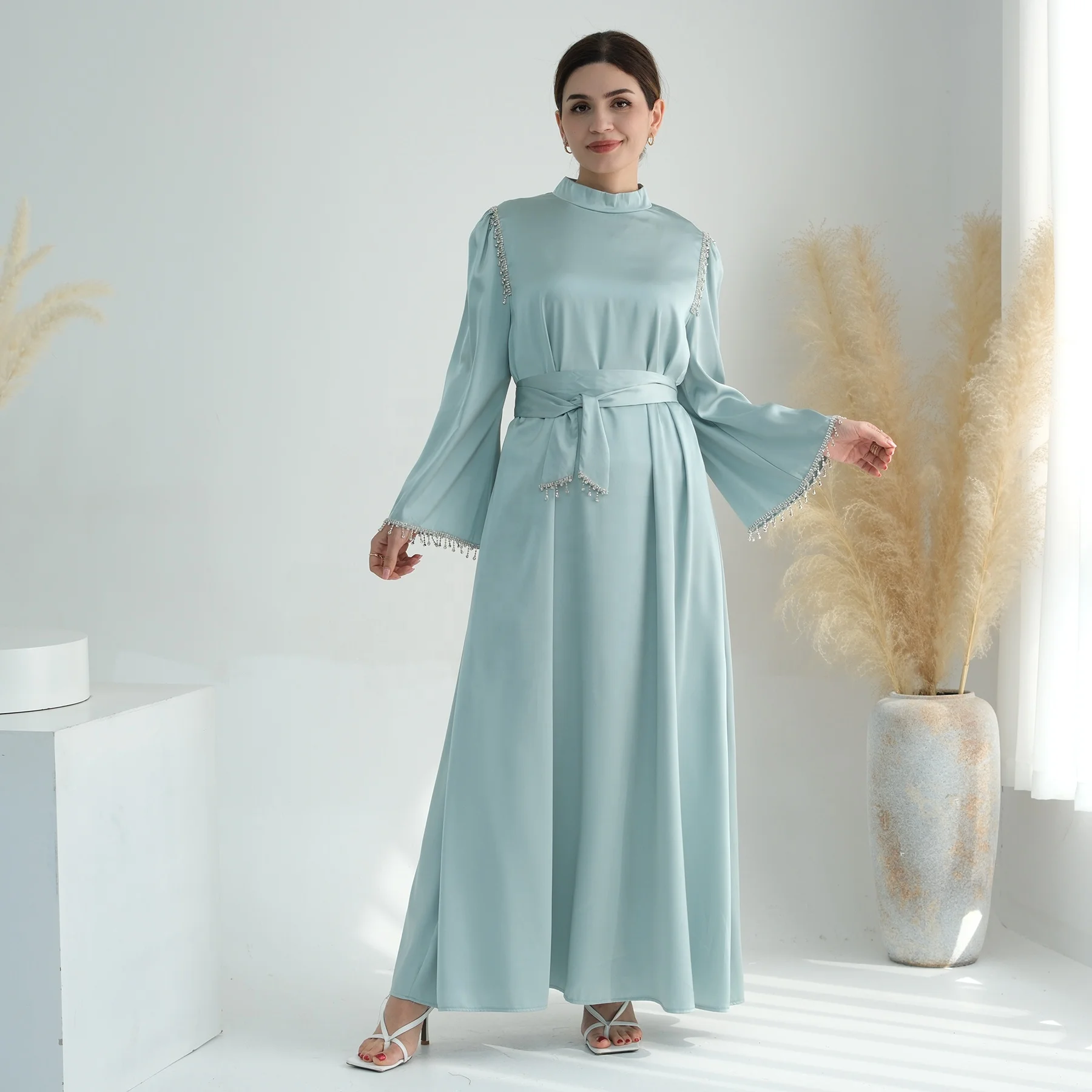 Loriya New Arrival Fancy Modern Crystal Beads Long Sleeves Elegant Maxi  Dresses Abaya Women Muslim Dress With Belt Satin Abaya