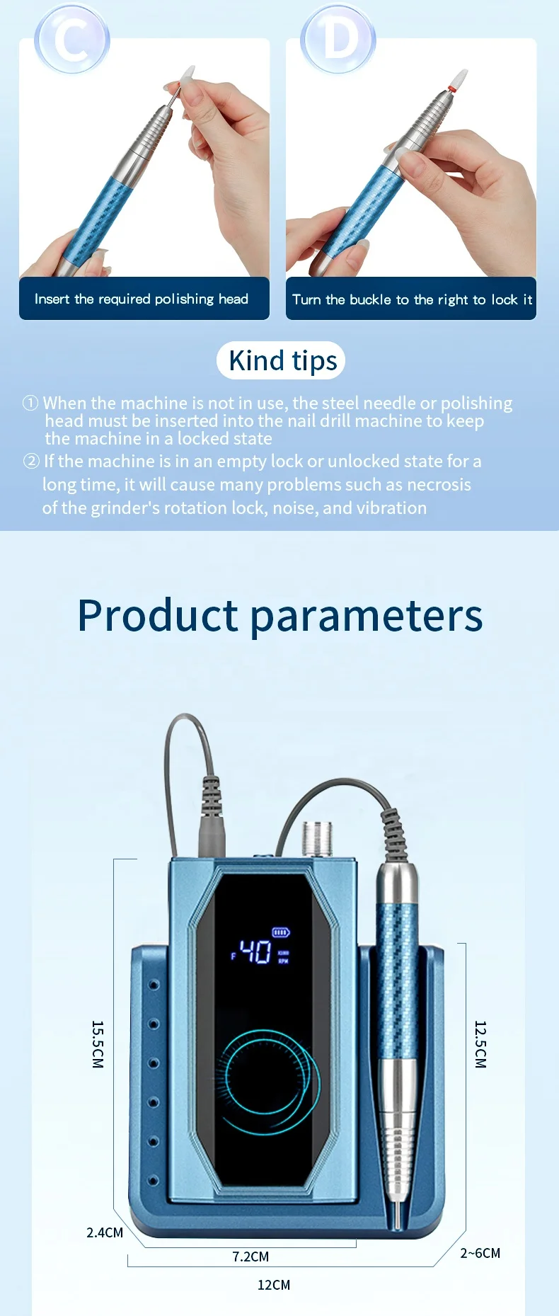 AT-NDB-181 Nail Drill Cordless Electric File Rechargeable Machine for DIY Nail Art Salon and Home details