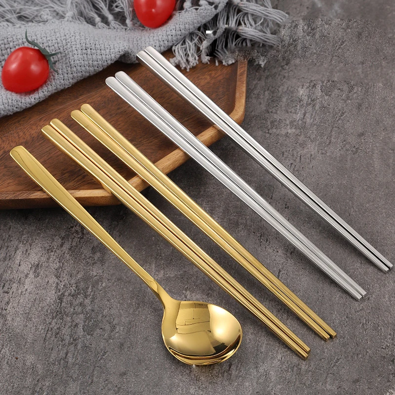Korean Style Reusable Metal Chopsticks Spoon Gold Silver Food Grade 304 Stainless Steel Dishwasher Safe Chopsticks