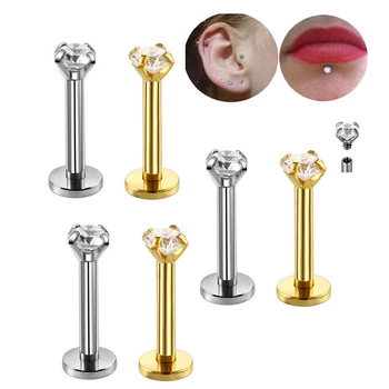 G23 Titanium Labret Ear Lip Stud Jewelry Square CZ Stone Cartilage Tragus Earring Tongue Studs Threaded Body Jewelry Wholesale
