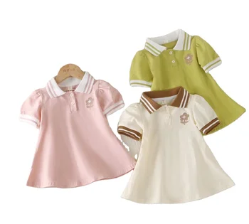 Summer New Hot Selling Fashion Academy Style Comfortable Cotton Stripe Short Sleeve Ruffle Collar Girls' Polo Sports Dress
