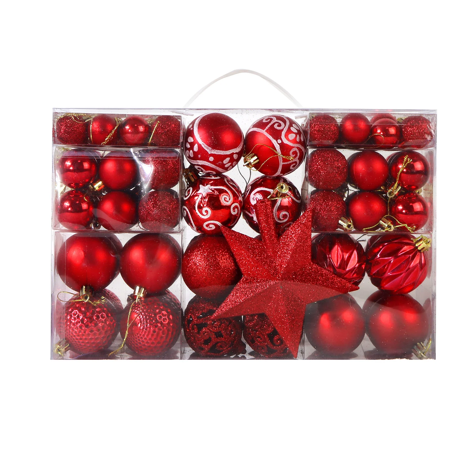 Heißer Verkauf 101-teilige Kunststoff-Weihnachtskugeln, runde hängende Anhänger-Dekoration für Weihnachtsbaum