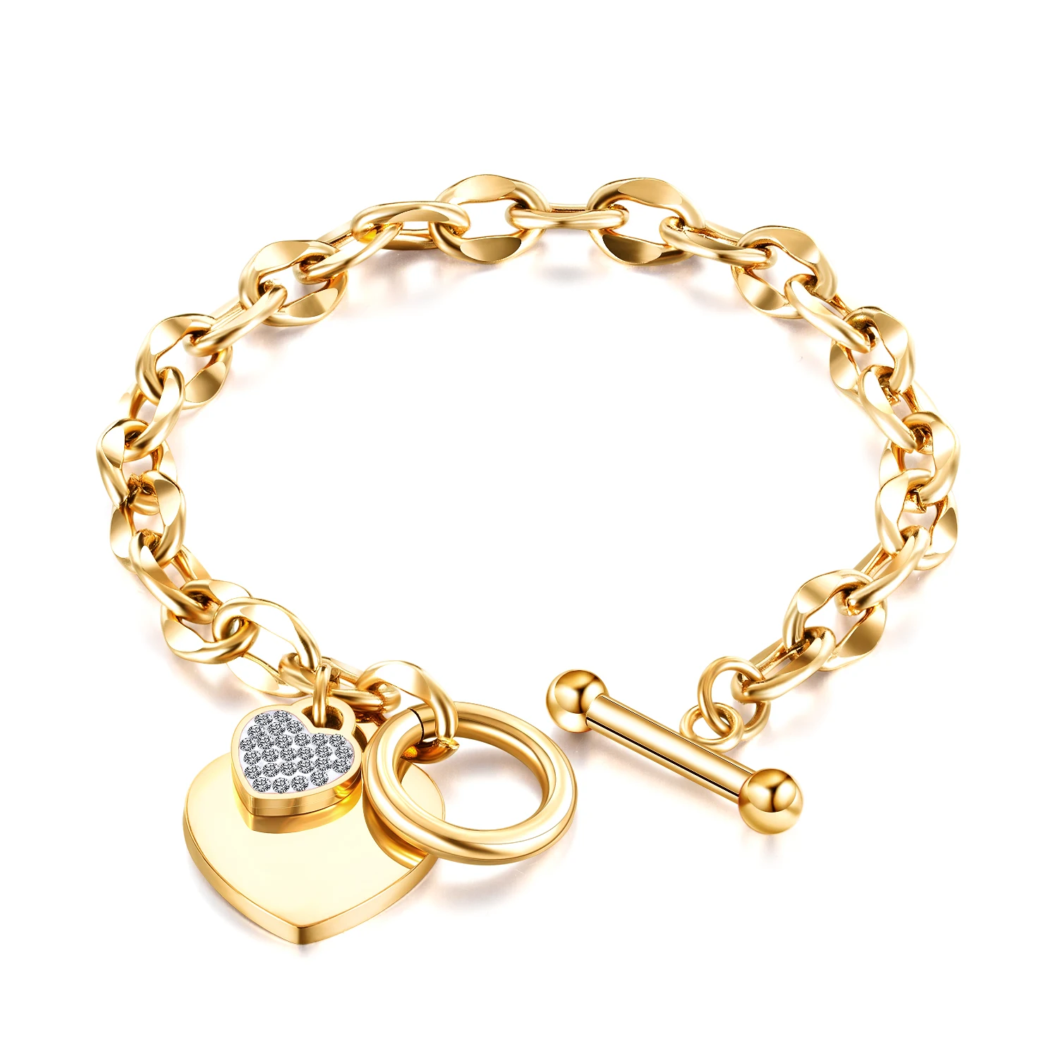 Designer Inspired Jewelry 18k Gold Plated Stainless Steel  Fashion Heart Charm Toggle Clasp Chunky Chain  Bracelets for Women