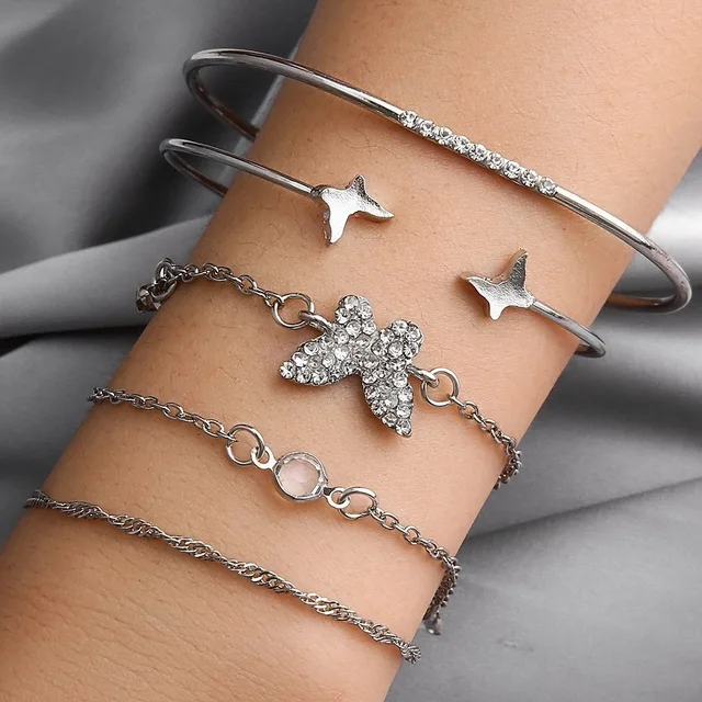 Wholesale Sliver Plated Opening Adjustable Bracelet Set Fashion Multilayer Diamond Bracelet Boho 5pcs Shiny Butterfly Bracelet