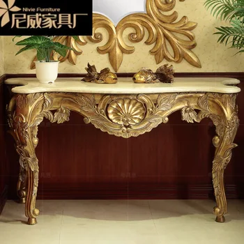 Italian Luxury Gilded Console Table Carved Marble Solid Wood Villa Entrance Cabinet