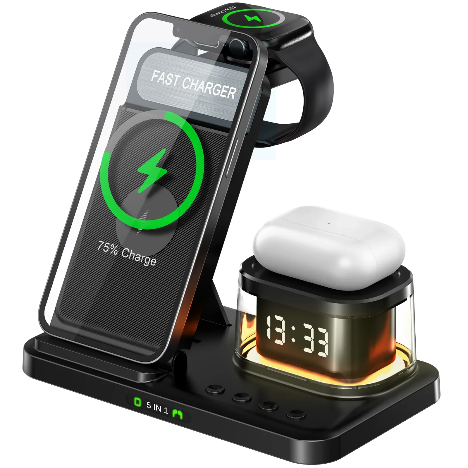 15W Fast-Charging 3-in-1 Foldable Wireless Charger with Clock 3-in-1 Multifunctional Magnetic PD Function