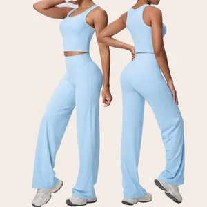 Custom LOGO Women 2 Piece Sets Padded Crop Tops High Waist Flare Leggings Activewear Outdoor Workout Yoga Sets