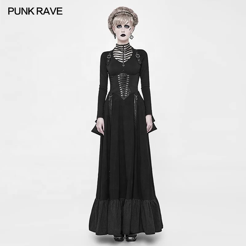 Панк рейв WQ-361 стимпанк длинные черные PU корсет вечернее платье для выпускного вечера