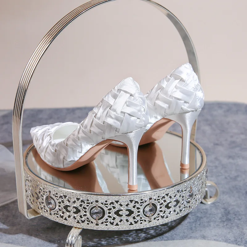 Ladies Bridal Shoes Pointed Toe White Satin Weave High Heeled Elegant Women Wedding Pumps Shoes Party - Image 4