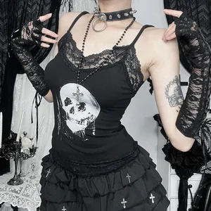 Oem Odm Gothic Skull Print Lace Trimmed Sling Top for Women 	Neo-gothic Grunge Style Dark Aesthetic Emo Fashion