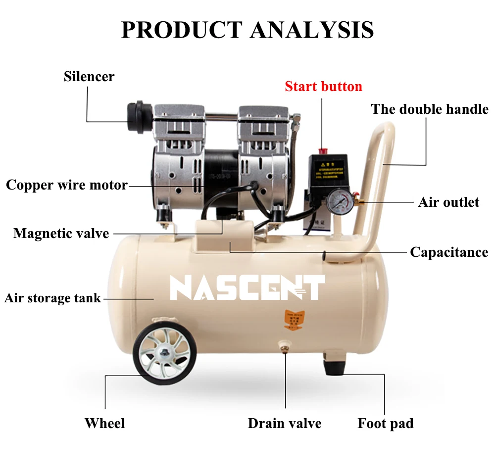 Low Noise Oil Free Piston Air Compressor 50l Portable Pump 550w Dental