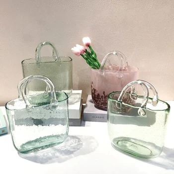 Home Decoration Flower Vase Handbag Transparent Hydroponic Flower Arrangement Bag Hand Basket Glass Vase Crystal Creative Vase