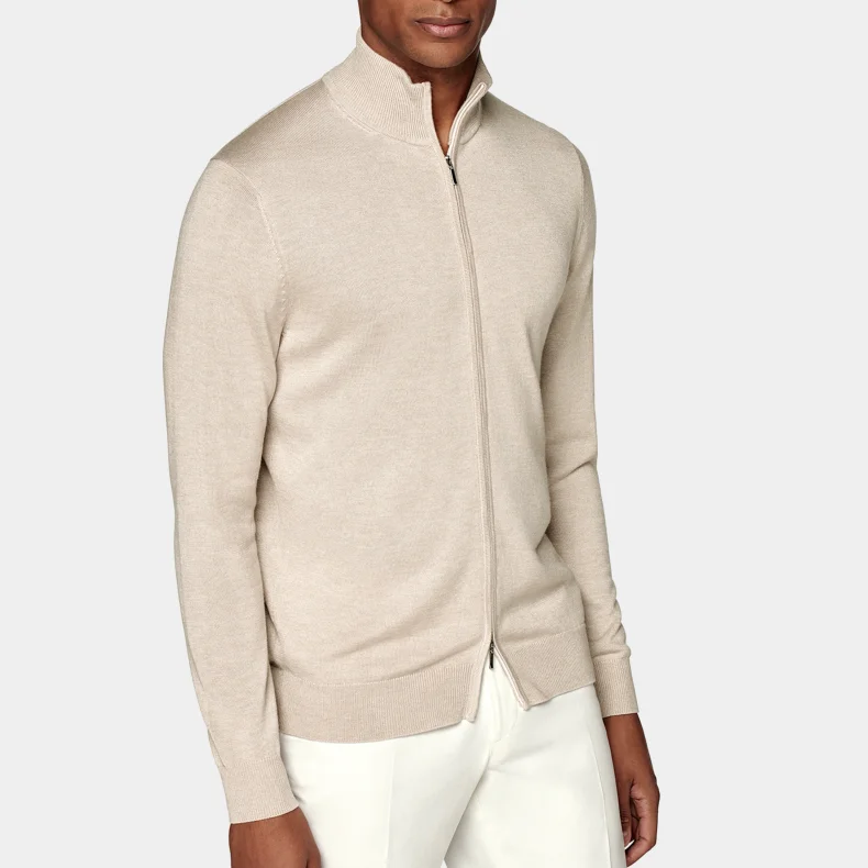 Sleeve Cardigan Sweater Coat Knit Sweater Winter  Men Zipper Sweater Light Brown