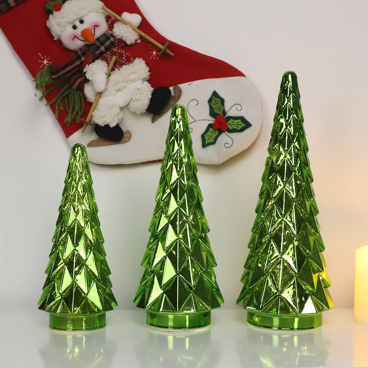 Set of 3 Glass Christmas Tree Decoration Mercury Glass Tabletop Christmas Tree Decoration With Le Lights