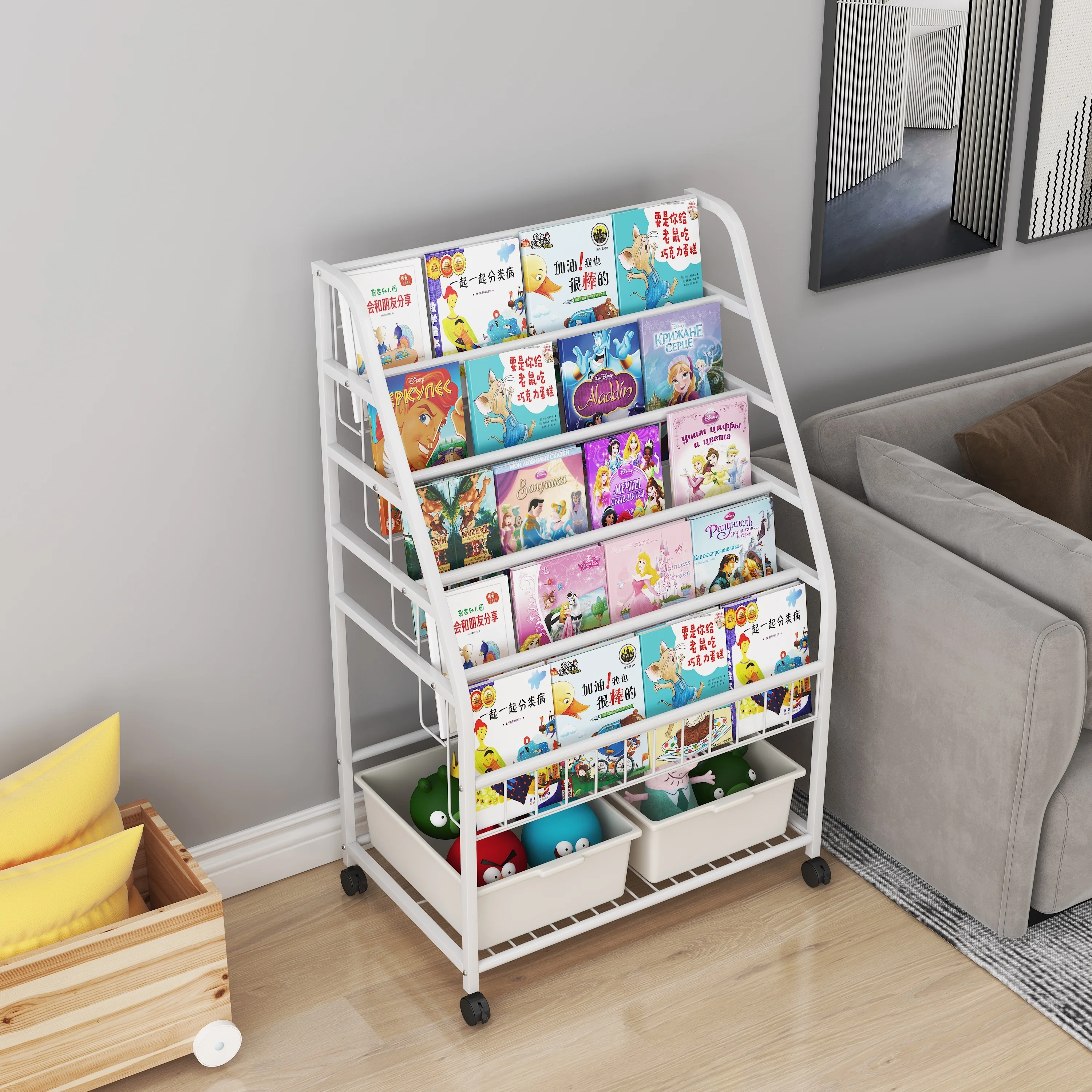 Modern Vintage Steel Frame Display Bookcase Metal Book Shelf Kids Storage Book Rack Shelves Children Toy Storage Rolling Cart