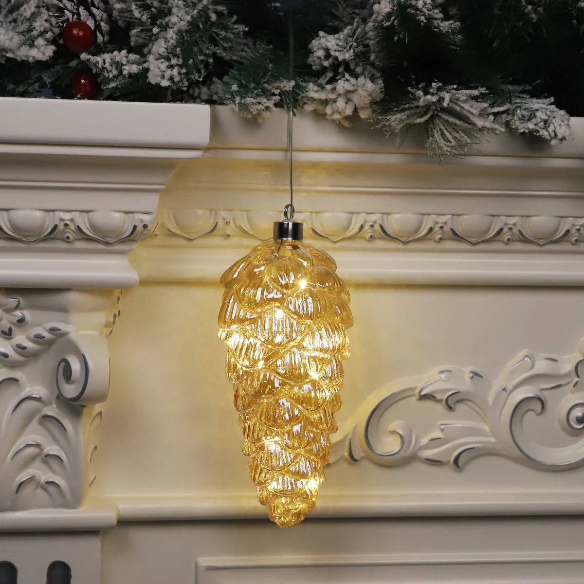 jiangsu christmas products assorted christmas blown glass glitter painted pinecone shape light decorations