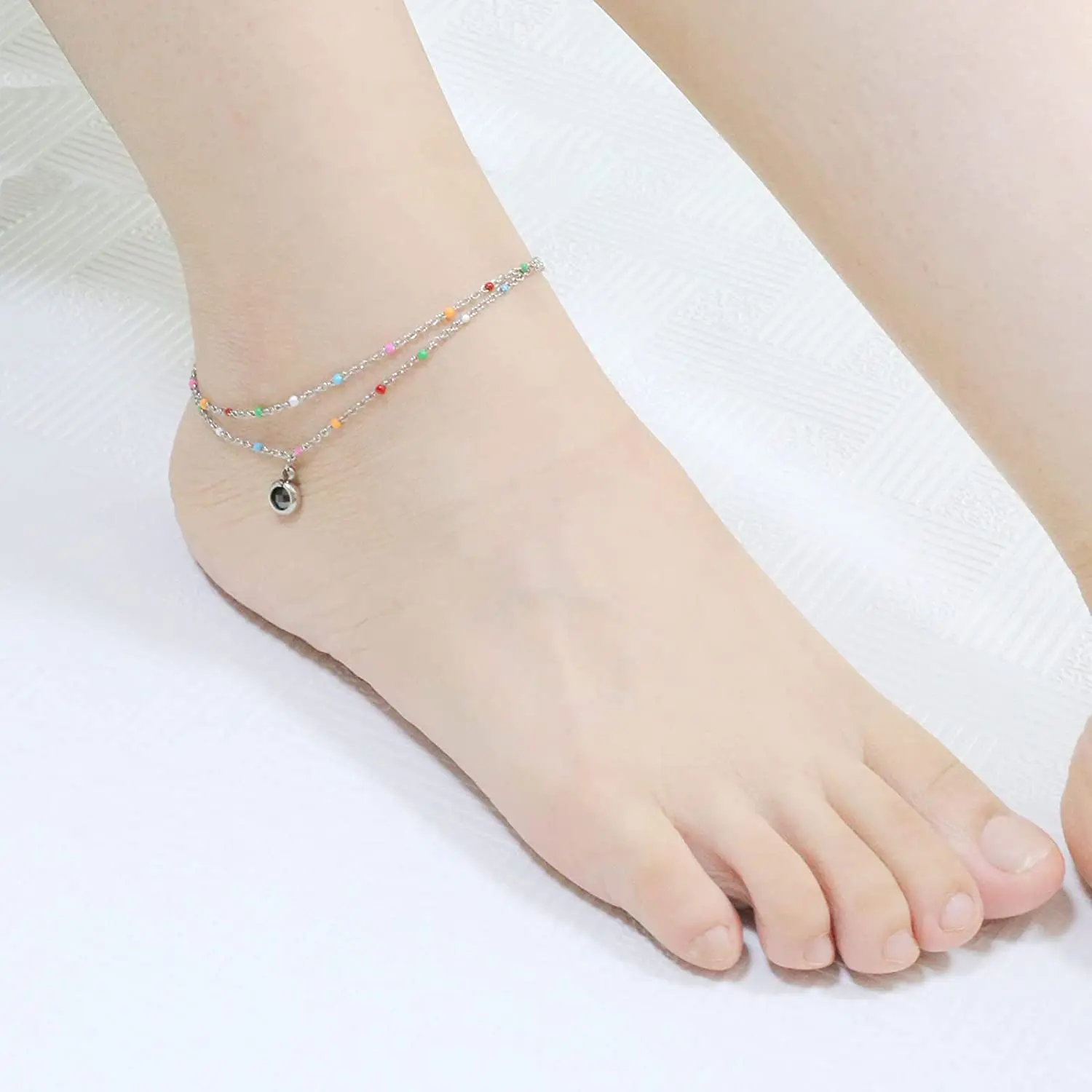 Crystal Stainless Steel Anklet Color Beaded Dainty Hanging Bells Cute Charm Adjustable Beach Double Layer Foot Chain for Women Teen Girls 