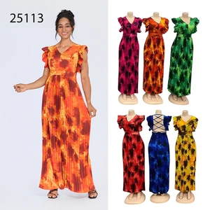 New Style Wholesale Summer Fashion Tie-Dye Backless Breathable Ruffled Sleeveless V-neck Printed Dress