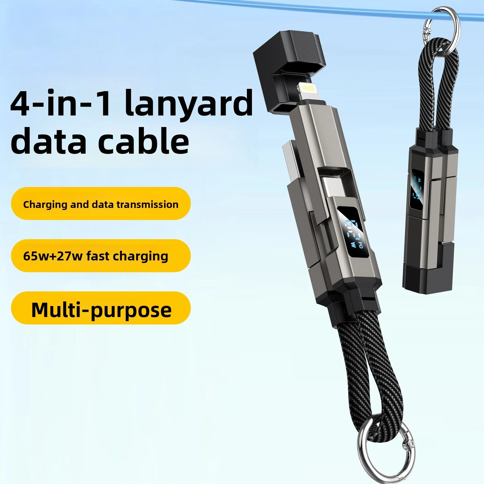 4 in 1 Nylon Braided Keychain Charging Cable 65W Fast Charging 0.2M Short Data Cable With Power Display Portable Customizable
