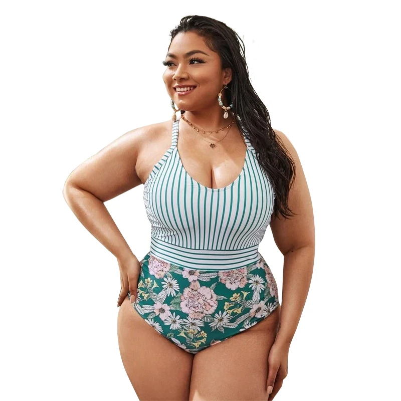 2022 New Design DAMO Plus Size Sexy Ladies Tankini Strip Flowers Printed Swimsuits Back Hollow Out Recycled Nylon Swimwear