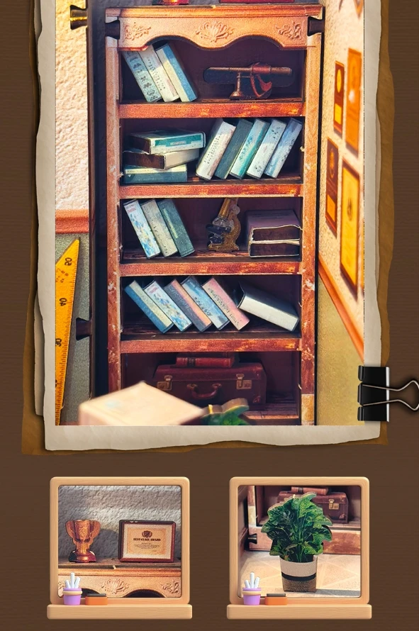 product diy wooden dollhouse miniature kit   student book nook  kids doll house with wooden architecture for creative building-8