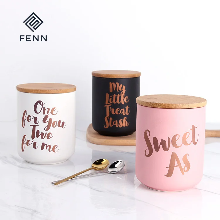 FENN customized matte kitchen canister airtight jar ceramic coffee canister sets with wooden bamboo lids for home and kitchen