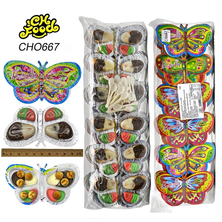 Wholesale 5in1 Four Flavor Chocolate Jam with Mini Cookie Ball OEM Butterfly Shape Chocolate Bisuits Candy Toy for Kids Halal