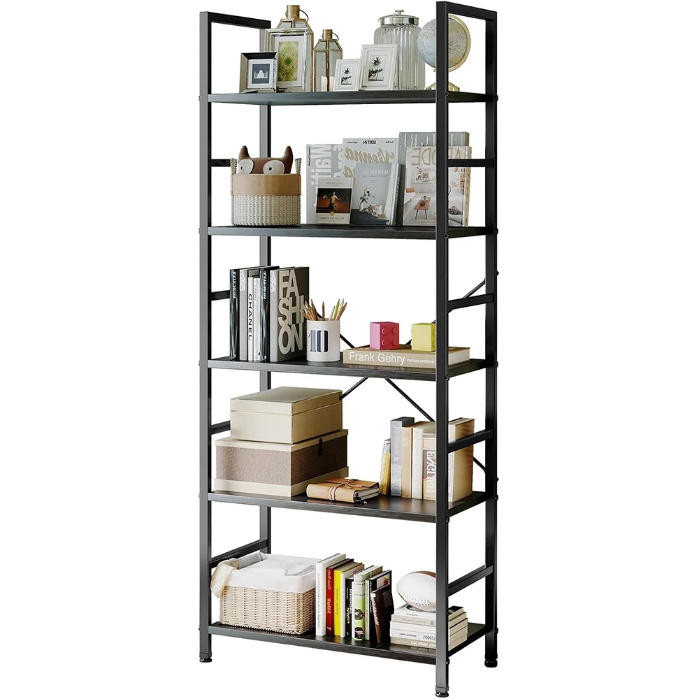 product 5 tier wooden rustic modern tall bookcase storage organizer for home office living room  bedroom-0