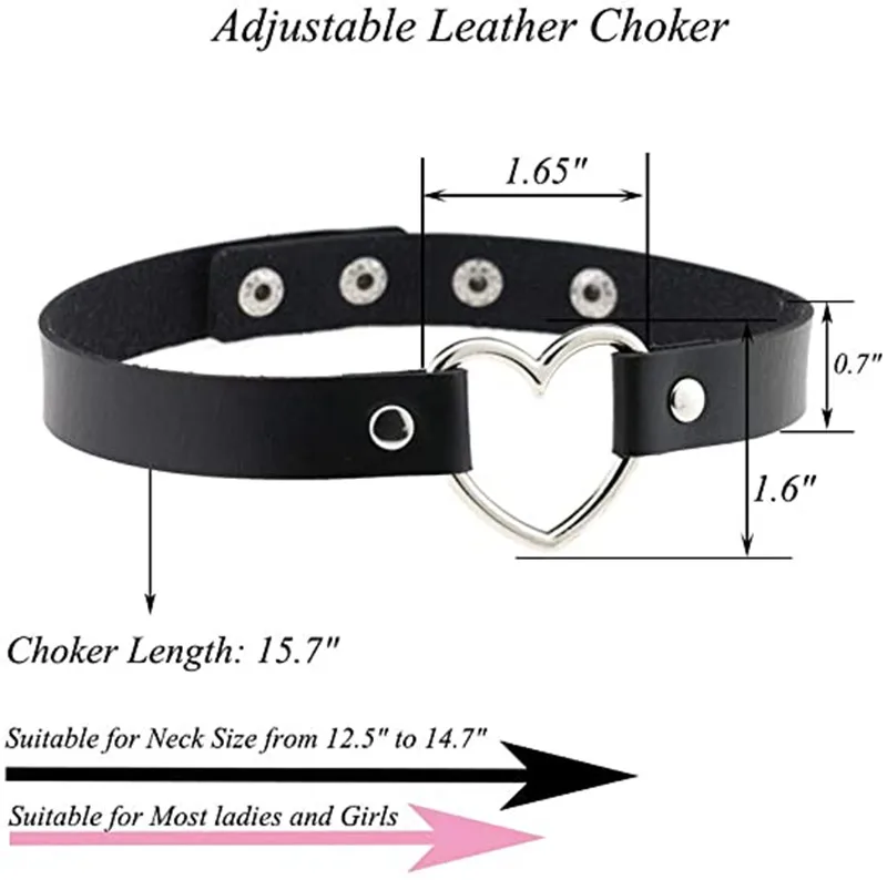 Adjustable Gothic Collar Love Heart PU Leather Choker Necklace - Gothic Adjustable Collar Chain In Multiple Colors Punk Style Necklace