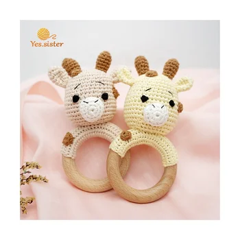 Giraffe Shape baby soft toys Wood Ring Rattles Baby Crochet Wooden Teether Toy Gift teether baby