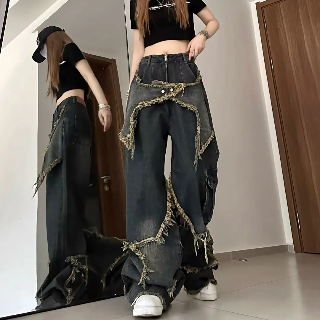 American Vintage Mid Loose Slim Denim Jeans Women Spring Design Frayed Hems Floor-Length Straight-Leg Wide-Leg Trendy Pants
