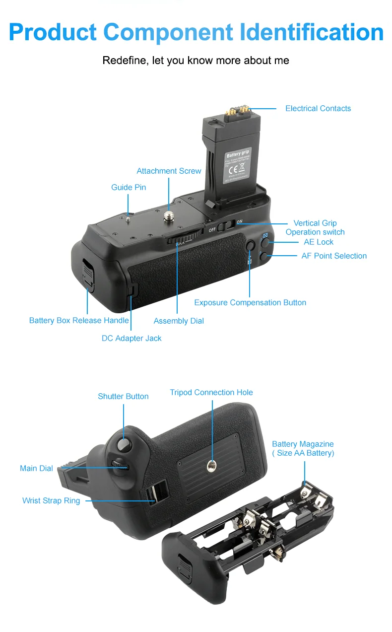 RingTeam BG-E8 Battery Grip Holds 2pes LP-E8 or 6pes AA Batteries BGE8 Vertical Battery Grip for Canon EOS550D 600D 650D Cameras details