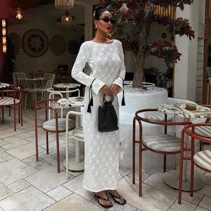 STOCK 2Colors Knitted Women Dress Long Sleeve Crochet Maxi Dress Swimwear Cover Ups S-L