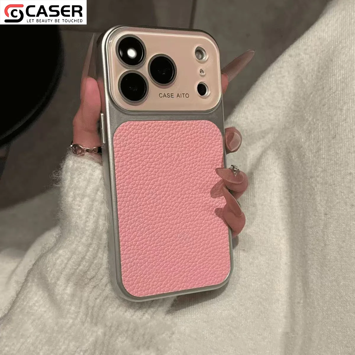 Lychee Texture PU Leather Full Body Case Metal Silver Glass Lens Cover Shockproof Protection for iPhone13-17series