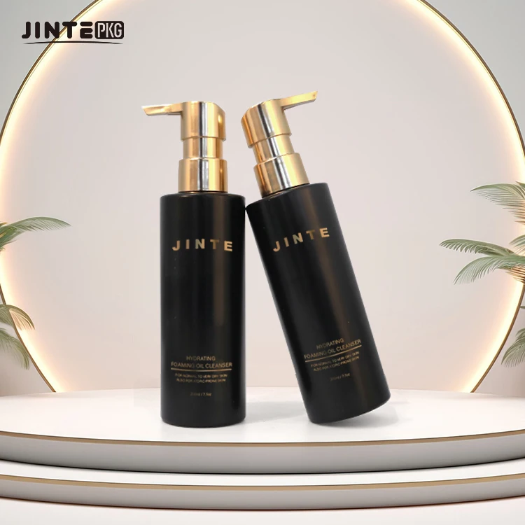 200ml Matte Black Plastic Cosmetic Packaging PET Bottle With Gold Pump for Shower Gel Body Lotion