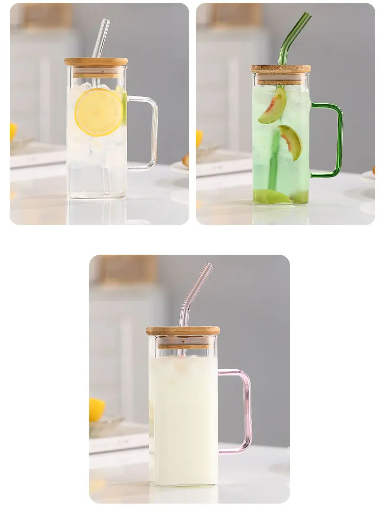 Home Use  Eco-Friendly High Borosilicate square glass cup with color handles factory