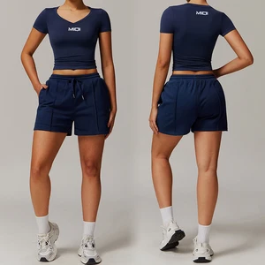 Custom Nylon Fitness Gym Top T-shirts Women Gym Leggings Yoga Shorts Sets Women Activewear