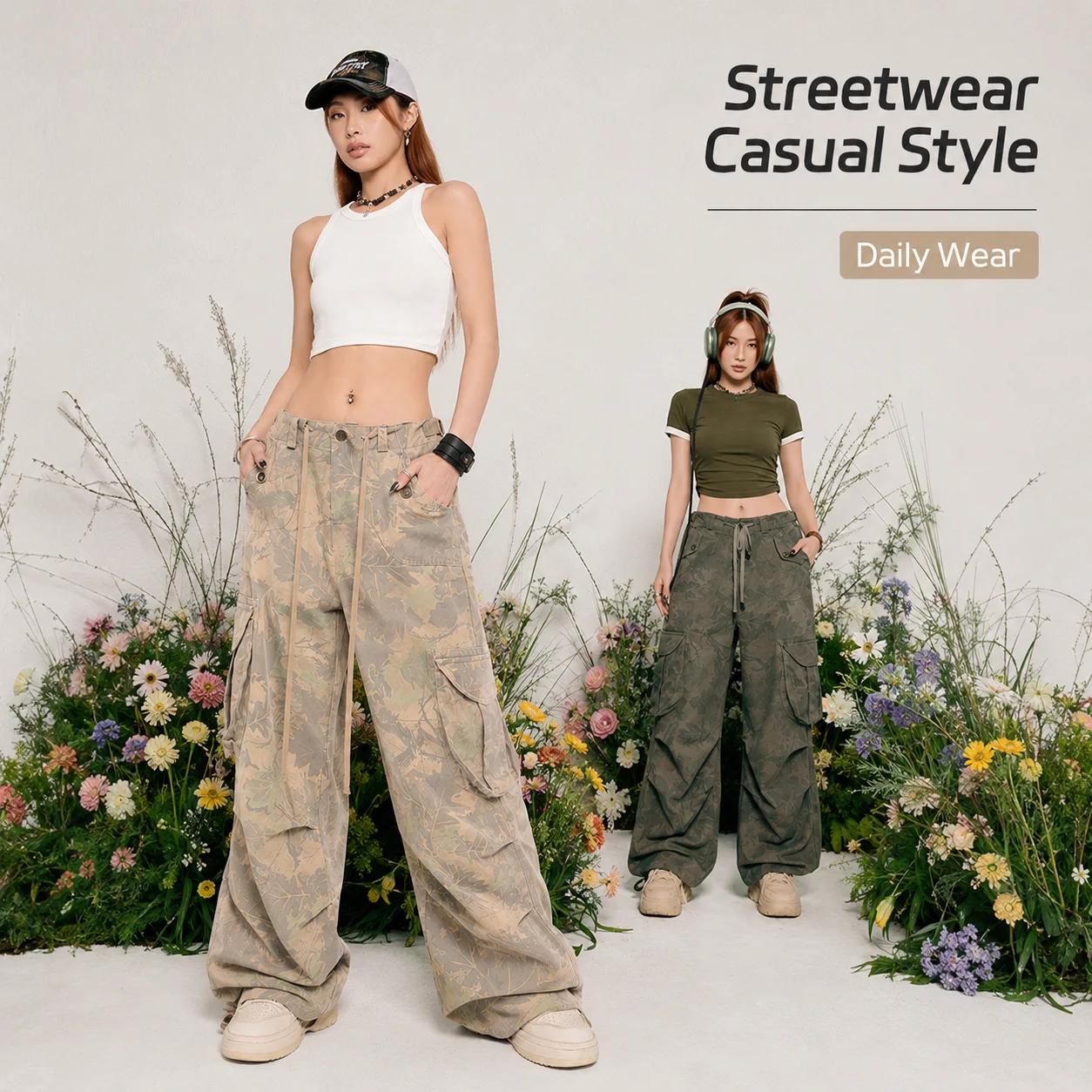 Custom Logo Print Light Oversized Straight Low Waist Drawstring Wide Leg Loose Parachute Versatile Casual Cargo Pants Women's