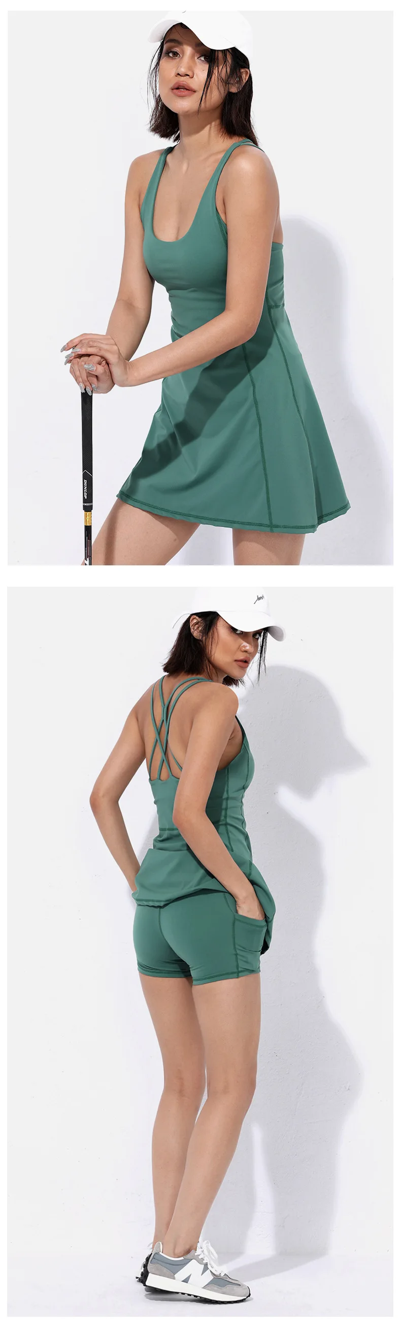 Women's Tennis Clothing Back Cross Strappy Padded Dress With Inside