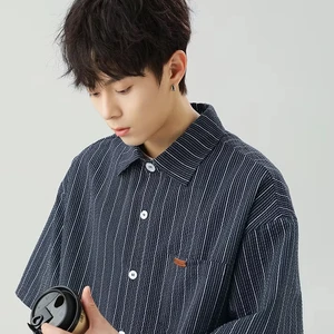 OEM & ODM Micro Wrinkle Contrast Striped 100% Cotton Japanese Style Short Sleeve Lapel Jacket