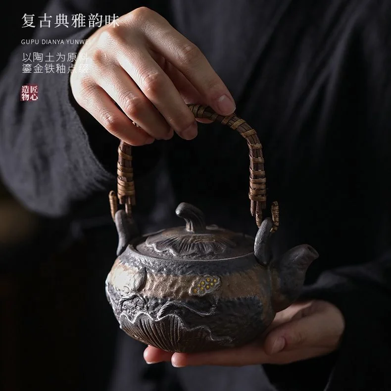 Stoneware Charm of Lotus Loop-handled Teapot Household Single Teapot Old Rock Clay Silver Retro Kung Fu Tea Teaware Teakettle