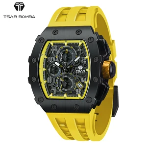 TSAR BOMBA Luxury Fashion Men's Quartz Watch 50M Waterproof Tonneau Sapphire 316L Stainless Steel SEIKO Movement Chronograph