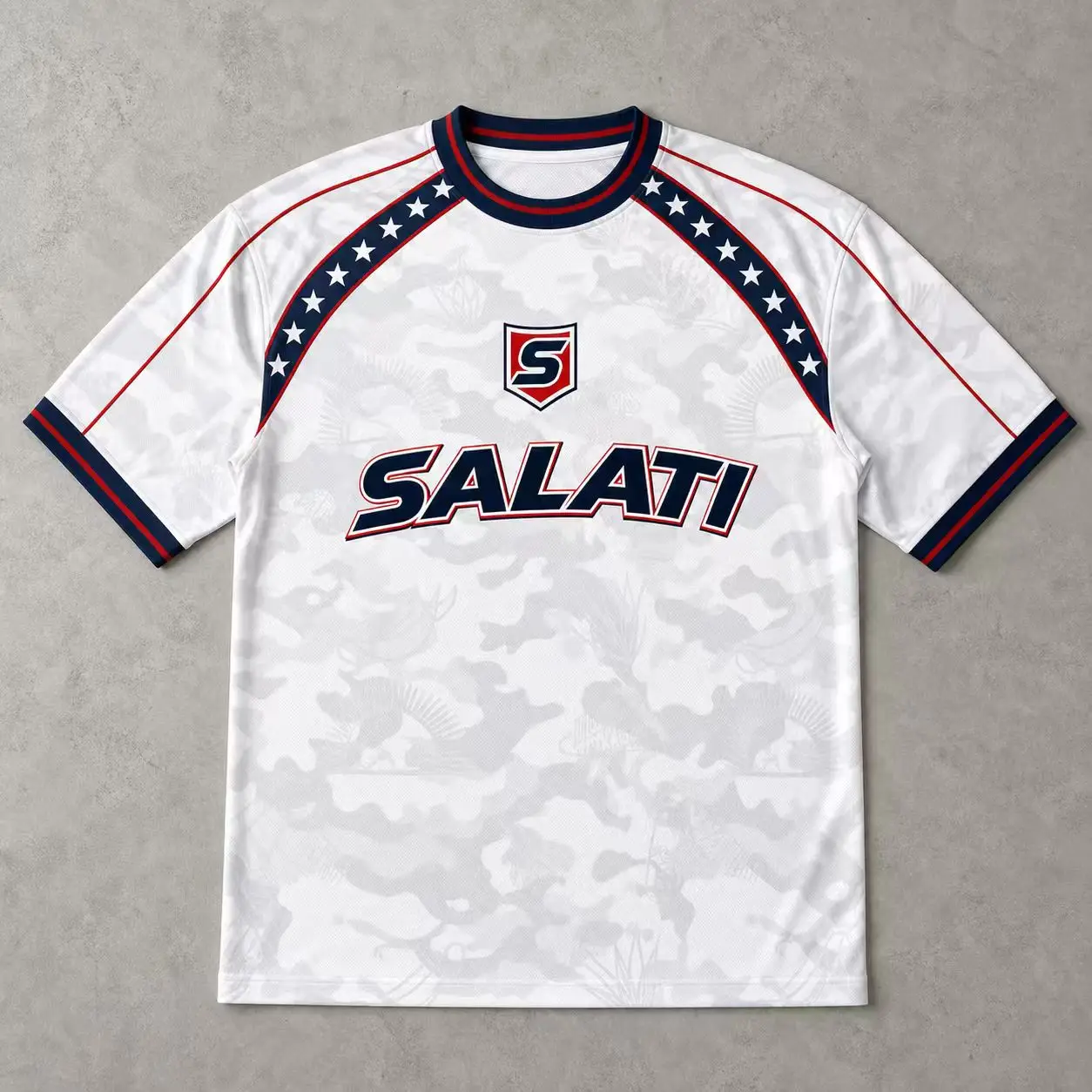 Custom Mens Sports Shirt White Camo Star Shoulder Contrast Piping Breathable Quick Dry Training Gym Wear Men Sports Jersey gallery 6