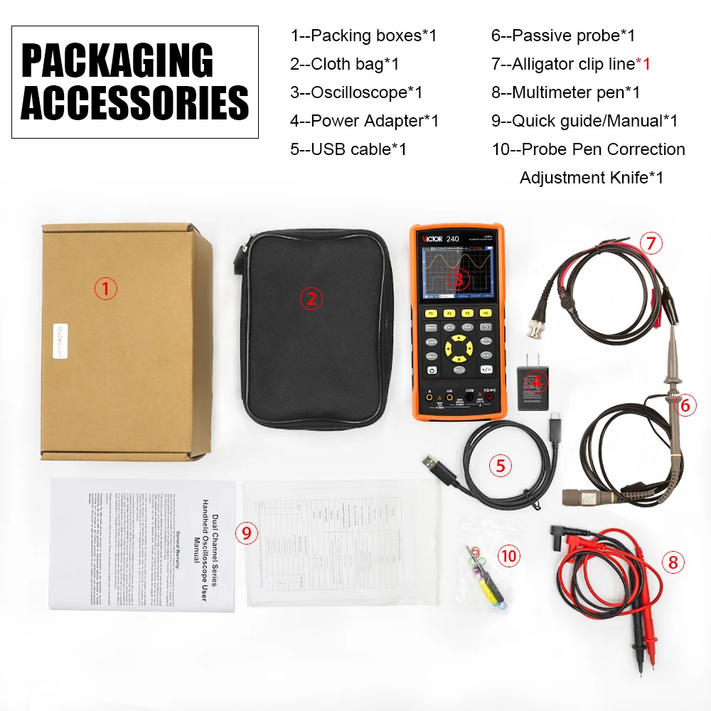 VICTOR 240 Handheld Digital Automotive Oscilloscope with Multimeter Two Channel 40mhz Bandwidth Electronic Meter with USB SCPI