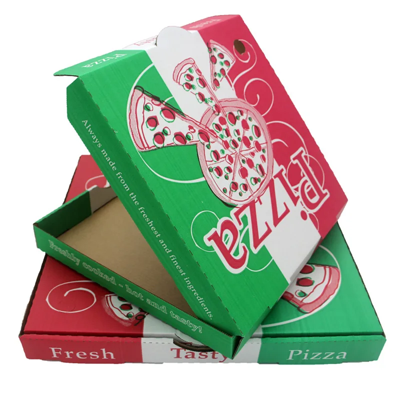 Caja de Pizza corrugada de tamaño impreso personalizado de flauta de calidad alimentaria, diseño de cartón, rebanada negra, precio de cartón, Caja de Pizza corrugada