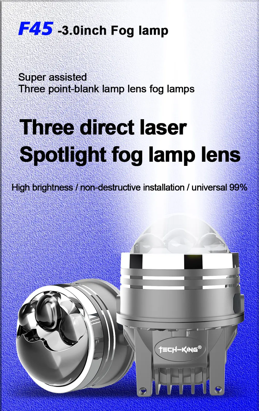 TECH-KING 75W Bi LED laser fog lights Tri-colors high power for car with 3 laser 3 inch Bi ed projector Lens Led Fog Bulbs