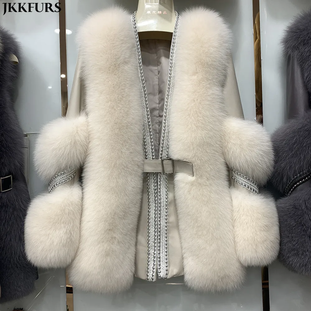 2021 Real Fox Fur Coat Winter Women Coat Genuine Sheepskin Leather ...