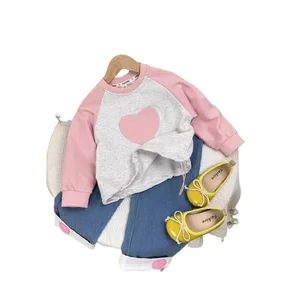 Kids Wear Wholesale 2026 Spring Autumn Toddler Girl Clothing Patchwork Long Sleeve T Shirt Denim Pants 2Pcs Kids Fashion Clothes