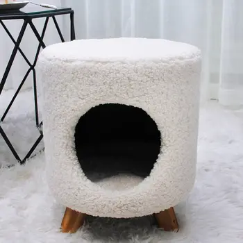 Customized Modern Seat Living Room Furniture Fake Fur Pet House Storage Ottomans Stool Chair with Wooden Legs